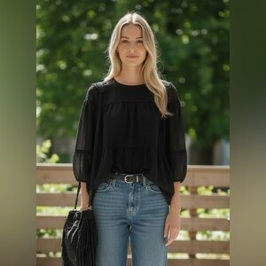 CALVIN KLEIN Black Sheer Boho Peasant Blouse Top Small NWT 90s Minimalist Style